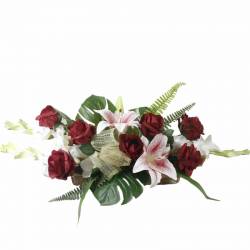 Jardinera cementerio flores artificiales rosas y lilium