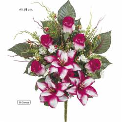 Ramo flores artificiales cementerio lilium y rosas cereza