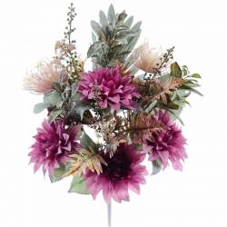 Ramo flores artificiales cementerio dahlias proteas fucsia